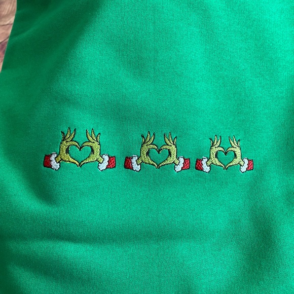 Custom Embroidered Grinch Hearts Women’s Green Sweatshirt - Picture 5 of 5